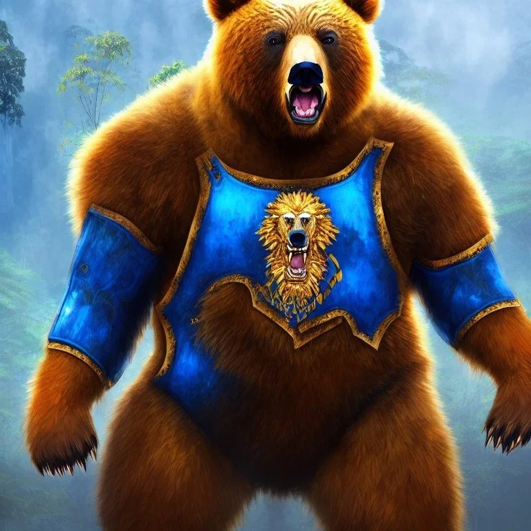 An angry bear in blue and gold armor, background of Inka jungle, high detail, smooth, realistic, digital illustration, Artstation, artgerm,