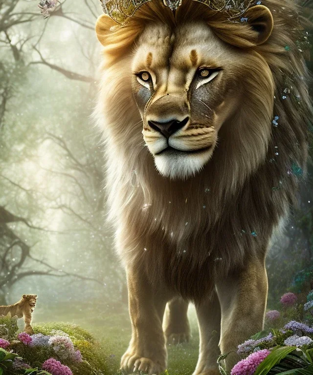 Young beautiful girl wearing floral crown and standing next to a stunning lion on nature forest path, Chronicles of Narnia, 8k resolution, high-quality, fine-detail, iridescent, intricate, digital art, detailed matte, volumetric lighting, beautiful, illustration, 3D octane render, brian froud, howard lyon, selina french, anna dittmann, annie stokes, lisa parker, greg rutowski,