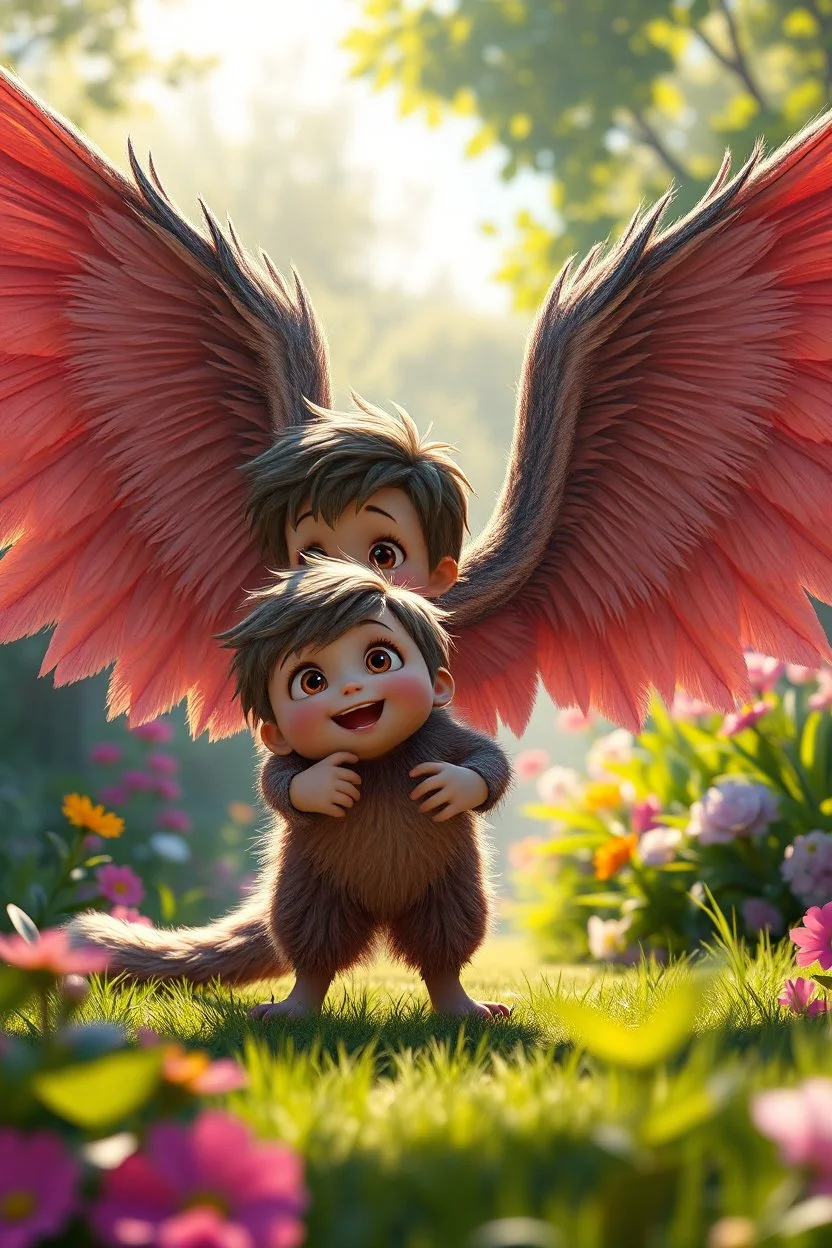 pixar style, volumetric summer garden environment and background, realistic painting of children with big wings looking excited, volumetric lighting, dramatic lighting, detailed digital painting, extreme dense and fine fur, anime, ornate, colour-washed colors, elegant, small minutiae, tiny features, particulars, centered, smooth, sharp focus, renderman gofur render, 8k, uhd, detailed eyes, realistic shaded volumetric lighting, sunlight caustics, backlight, centered camera view