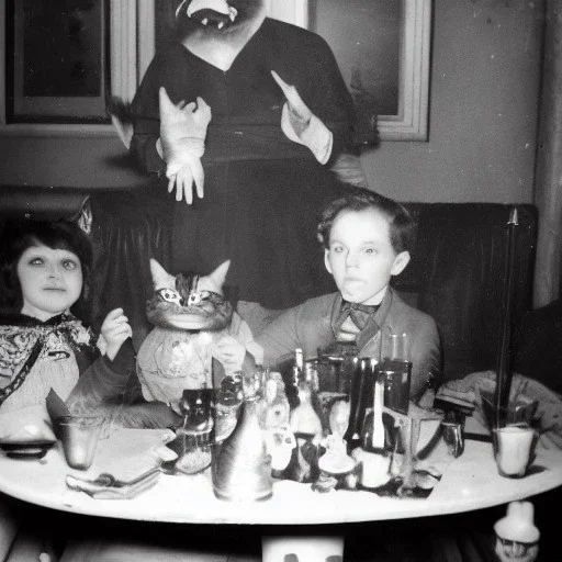 Creepy old photo of new years eve party with monster cat