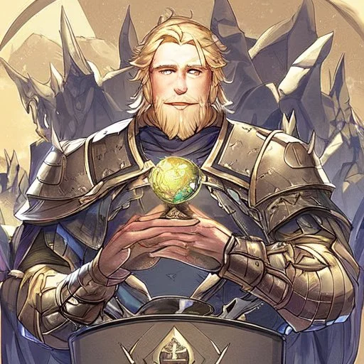 A nord male battlemage from Skyrim, full plate nordic armor, blond hair of medium length, hearty, smiling, thick short beard, an electric sphere in right hand, correct proportions