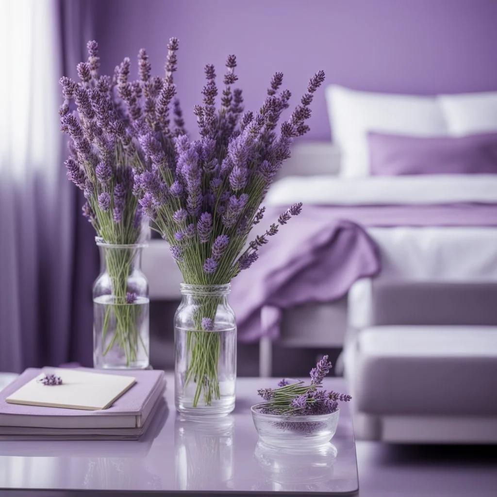 Concept of lavender flower in a hotel room, modern classic style, lavender colors