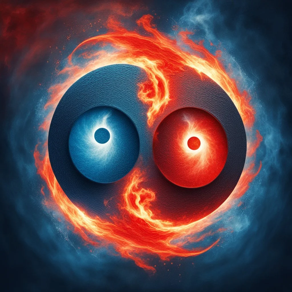 depiction of Duality. Fire and water inside ying and yang symbol. Red and Blue, sharp focus, textured, illustration, fantasy core, lightleaks. surreal masterpiece, symmetrical