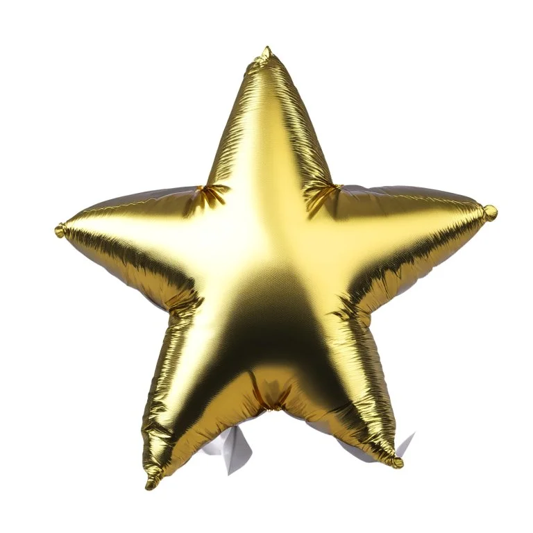 High resolution photograph of a inflated green star foil balloon