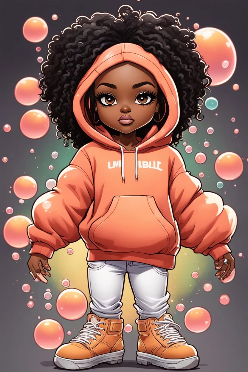 Create an colorful urban comic book illustration of a chibi cartoon black female thick curvy wearing a cut of peach hoodie and white jeans and timberland boots. Prominent make up with long lashes and hazel eyes. Highly detailed shiny sister locs. Background of a large bubbles all around her