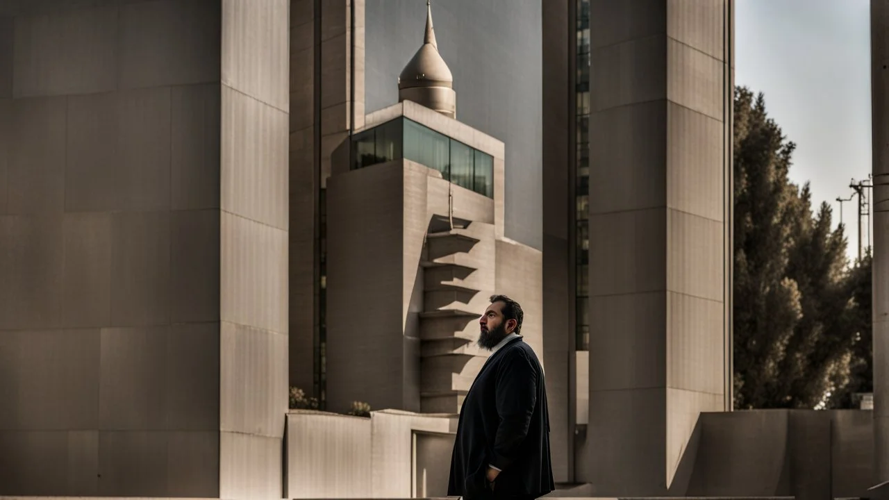 a Persian big man in a modern street in Tehran with a tower.