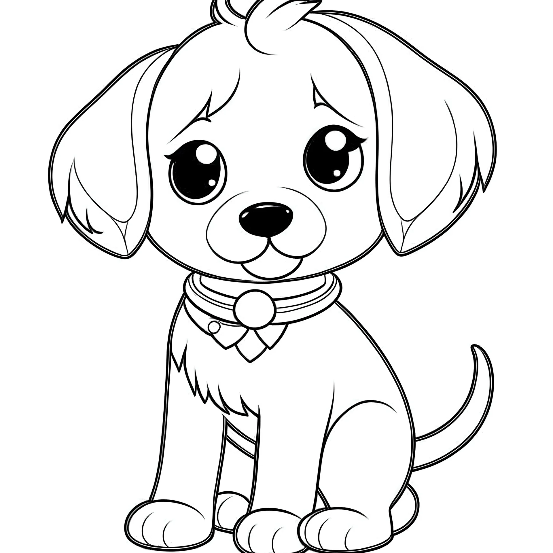 coloring page for kids age 2-5 years, she puppy with frock ,cartoon style,thick lines, extremely low detail,no shading,no grey color, very simple art,only 2 legs, 2 arms and 1 tail ,white background, Centre aligned,size of art smaller than background size