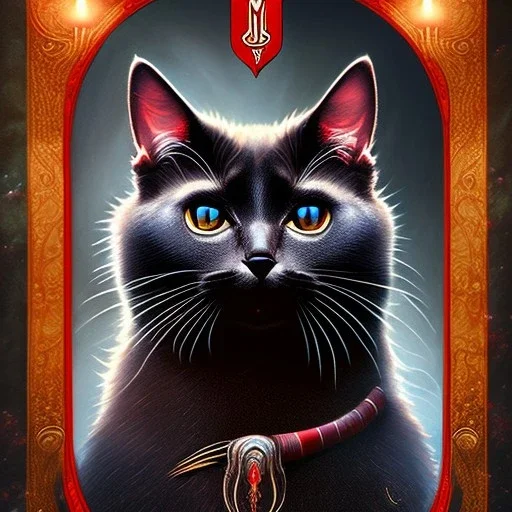 close up on cat in magickal forest, watched by the black and red owl in the background, fantasy book cover art