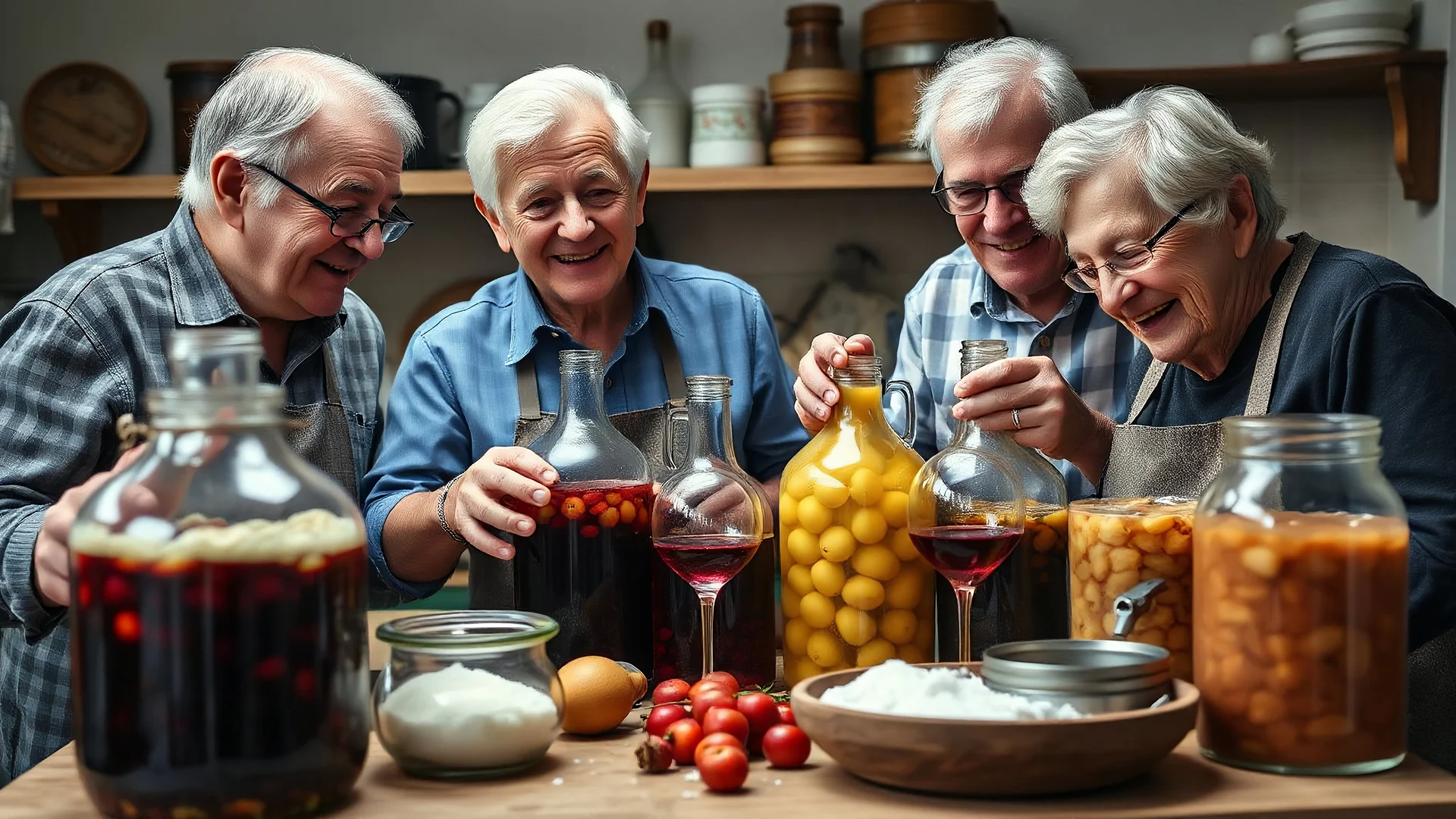 Elderly pensioners making wine. demijohns, fruit, yeast, sugar, equipment, all in a domestic pensioner's kitchen. Everyone is happy. Photographic quality and detail, award-winning image, beautiful composition.