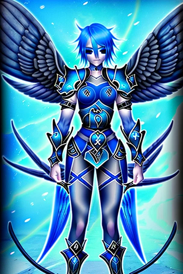 a person in runic armor with blue wings, blue short hair, runic tattoo and spell book