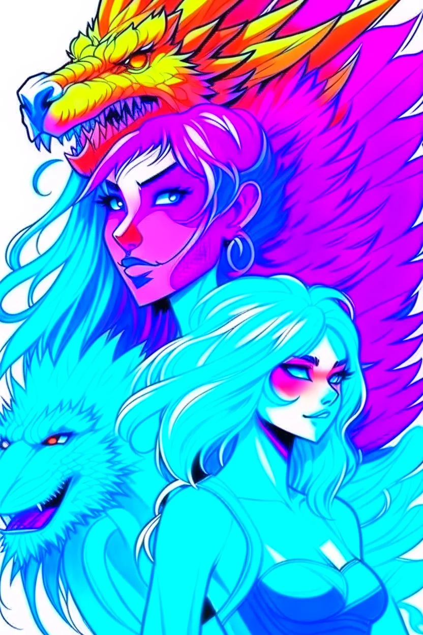 A dragon mixed with a mythical lion and a human female elf.Dramatic and powerful look and feel. Extensive attention to details. Bold lines. Vivid colors. 80s style retro anime art. Double exposure. cartoon style.