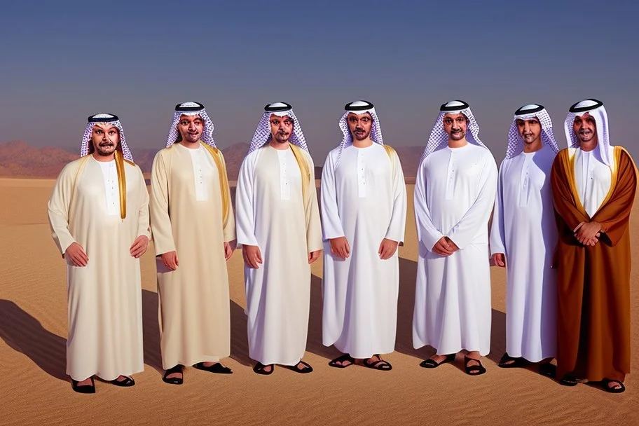 Four Arab sheikhs sitting in the desert wearing typical Arab dress, looking towards the four cardinal points. A talll fat european man in business suit wathhing them while thinking.