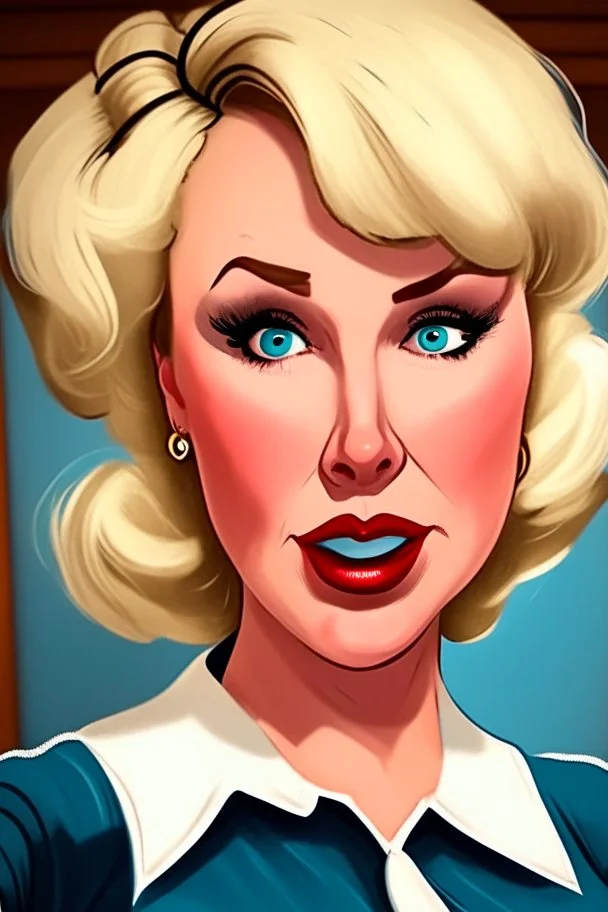 cartoon portrait of extremely feminine, sexy stewardess lady with blonde hair and strong makeup, big smoky eyes and pouty inviting luscious lips