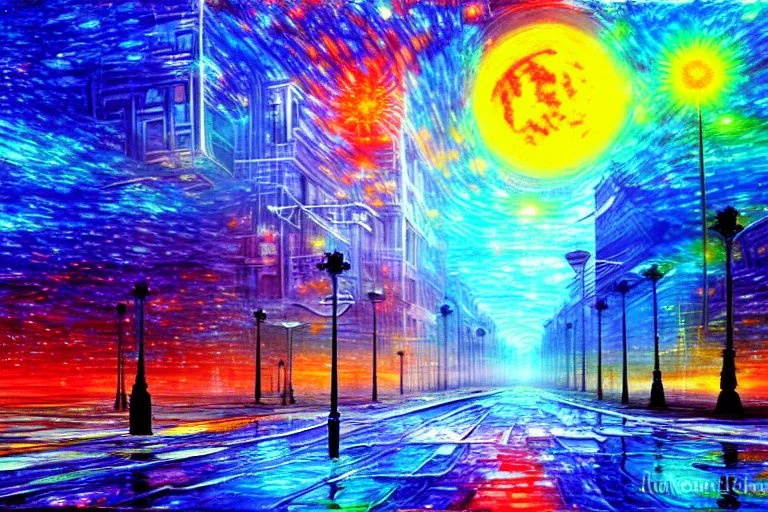 Epic futuristic street, exoplanet in the sky, impressionism painting