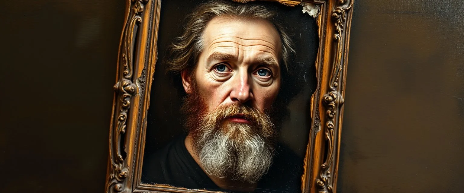 master oil painting by Rembrandt, motion blur sickness background, super clear foreground portrait, smeared paint background, twisted broken and burnt frame, painting found in lost treasure