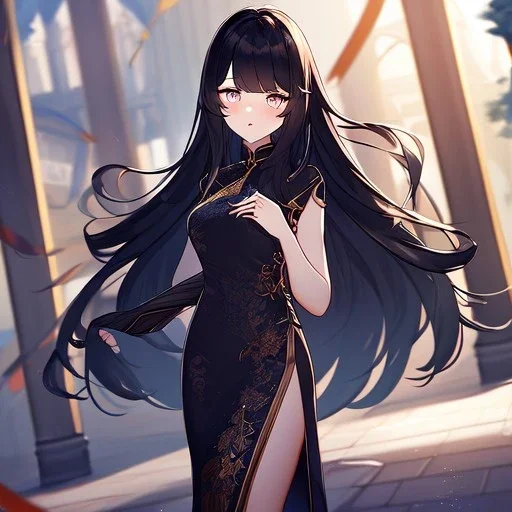 Clear focus, High resolution, cute, cartoon, black long fluffy hair, chopped bangs, wearing a chinese dress