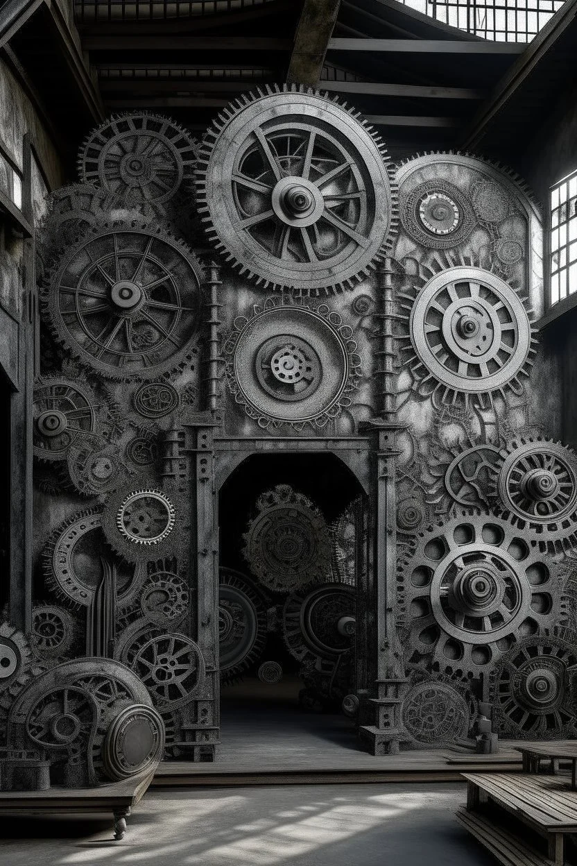 A gray steel factory with gears designed in Javanese shadow puppets painted by Gustav Klimt