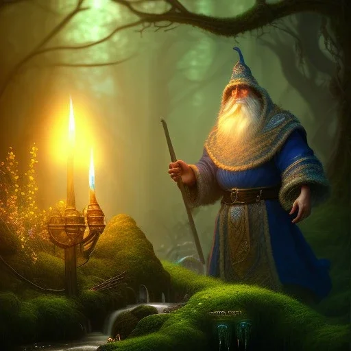 upper body of robed monk in candle light, Dark fantasy concept art, dynamic lighting, Intricately detailed, Splash screen art, deep color, Unreal Engine, volumetric lighting, blue flowers, moss, leather, creek, flowing water, fantasy dark forest artwork,