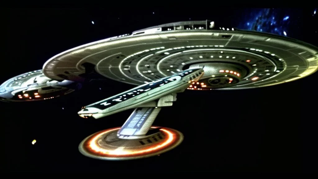 a screen capture from a star trek movie of a battle-damaged starship enterprise IN the year 2380 IS IN A BATTLE with monster ufos sci-fi meticulous, highly-polished, photorealistic, studio production, intricately detailed, GALACTIC, directed by gene Roddenberry,