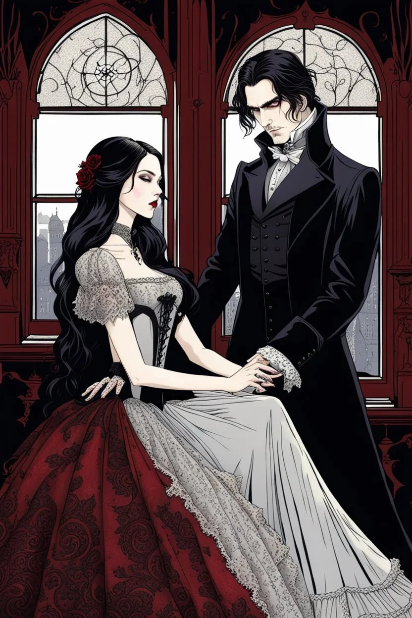 a vampire in a Victorian-style dress with a pale face, black long haired bites neck a beautiful young woman and sucking blood, she wears a wonderful victorian-goth lace dress. a faint melancholy smile on his face, his eyes closed. Gothic-style room in the background, semi-darkness, the light of the full moon shines through the large window onto the horror scene, high detailed, high realistic, sharp focus, masterpiece