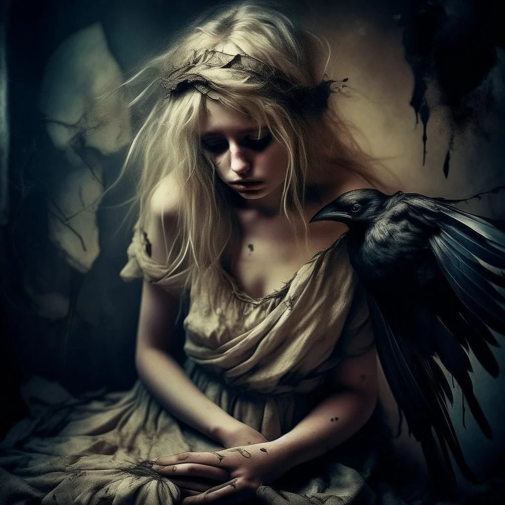 In a lucid dream I meet a fallen angel, blindfolded with old cotton rags, blond wild hair, tired and disconsolate, an old cartoon dress draped over her shoulders, head bent down, damaged skin. She is accompanied by a blind crow on her shoulder. Subtle light, dark grunge background, a grunge overlay. Small depth of field, blurred image. Surrealistic lighting.