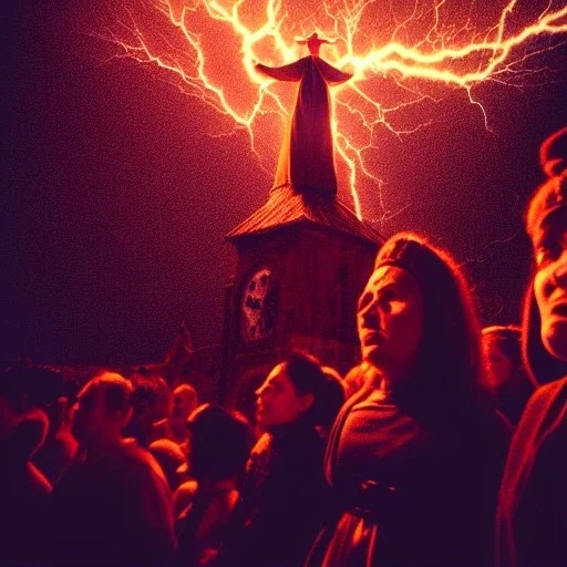 witch,woman with a priest, beautiful, spanish inquisition, night, crowd cheering, strange lens prospective, thunderstorm, high definition, cinematic, reflections