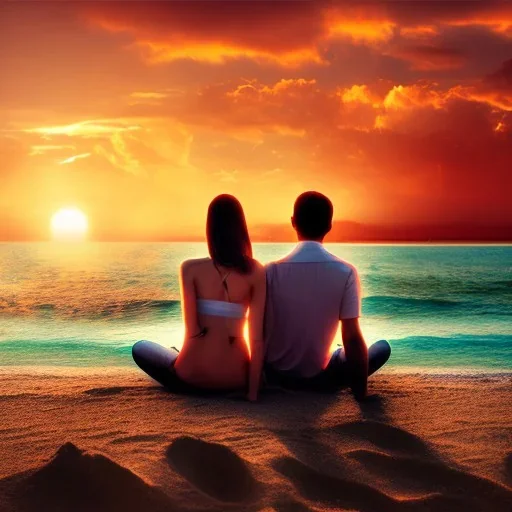 2 lovers watching the sunset sitting in the sand on a sand island