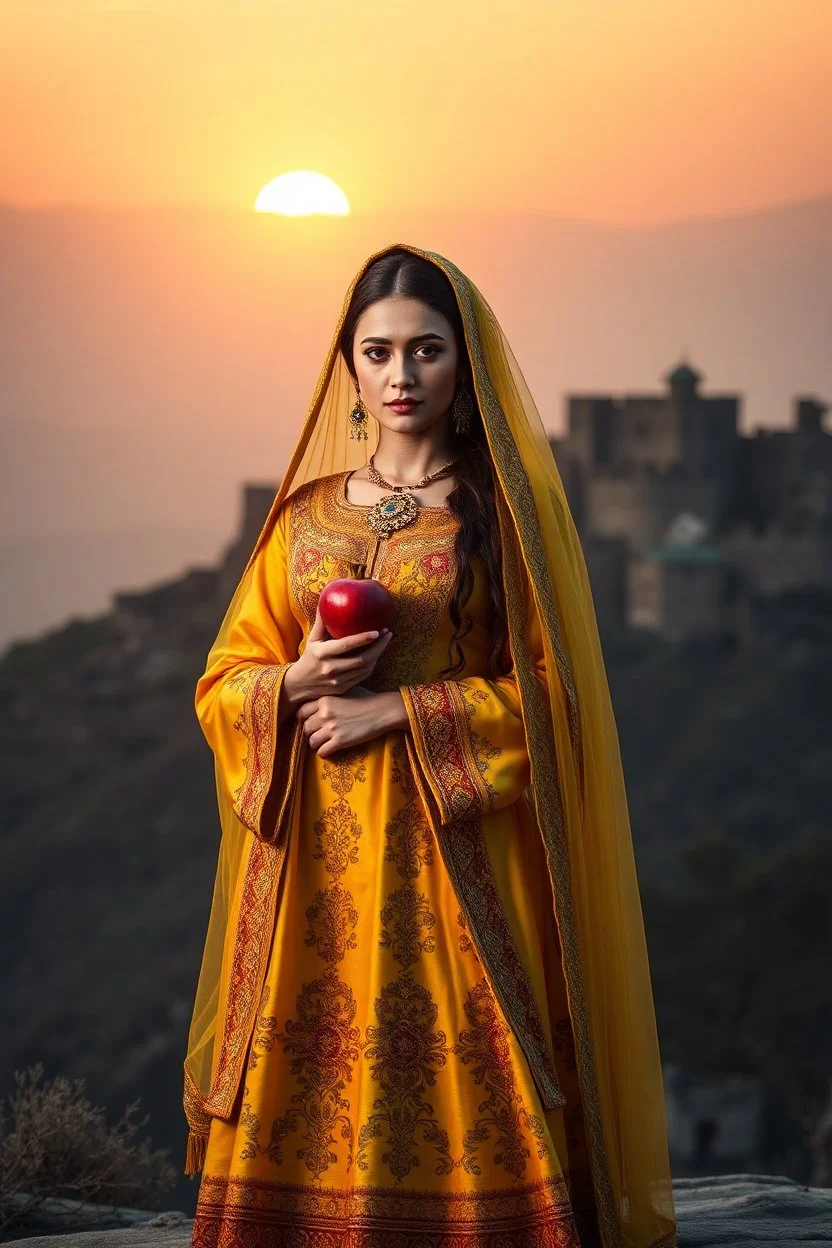 A photorealistic depiction of the Sari Gelin (Yellow Bride) from Azerbaijani folklore. She stands gracefully in a traditional golden wedding dress with intricate embroidery, holding a red pomegranate. The backdrop features the ancient fortress of Shusha at sunset. Her expression is melancholic yet beautiful, with ethereal lighting that creates a heavenly glow. Cultural symbols like traditional jewelry and historic patterns are accurately represented.