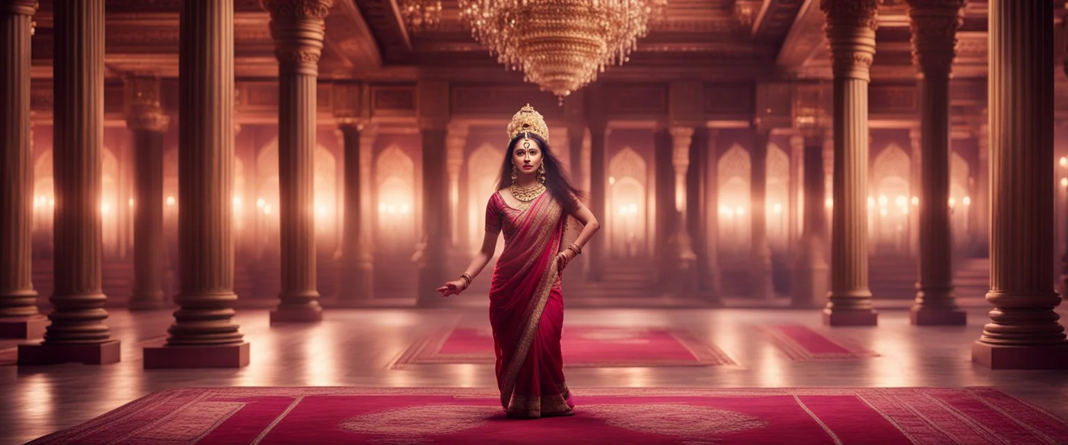 Hyper Realistic Beautiful Young smart Indian Queen Dancing in a traditionally beautiful Indian palace with traditional pillars with small fancy chandeliers & beautiful maroon carpet at night