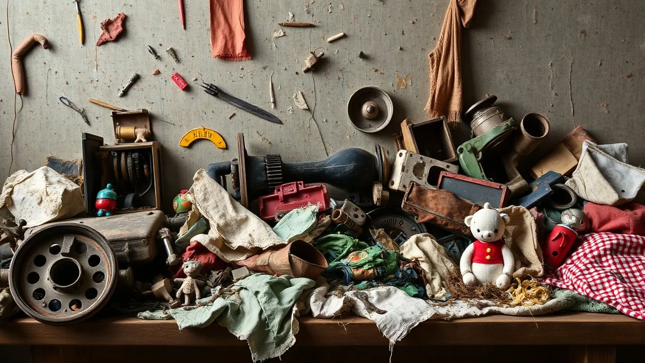 A backdrop of discarded machinery, torn fabrics, and broken toys, symbolizing the rejection of conformity.