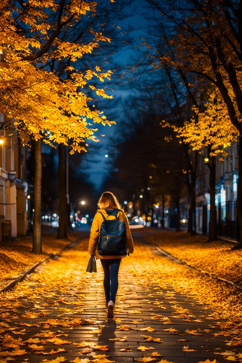 night yellow lights over the street trees autumn leaves under feet ,a Student adult girl with books in her bag walking in street back to camera