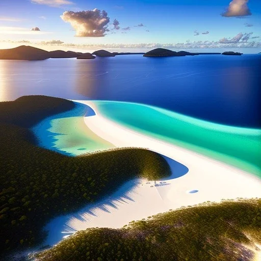 Whitehaven Beach, Australia,extremely detailed digital painting, high resolution,8k, realistic, beautiful, volumetric lighting, mystical colors ,perfectly centered image, perfect composition, rim light, beautiful lighting,masterpiece, stunning scene, raytracing, anatomically correct, in the style of robert e howard and Ken Kelley and Ohrai Noriyoshi and Simon Bisley and tomzj1, aerial view,cloudy.