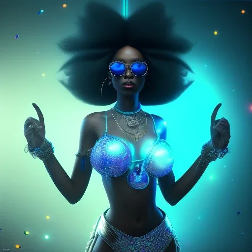 a black woman with extreme long hair and blue crystal sunglases dancing on the dancefloor, behind her is a grafitti, steam punk, realistic, made in octane, cinematic, ultra-realistic, extremely detailed octane rendering, 8K, VRAY Super Real ar 2:3, dof photorealistic futuristic 50mm lens hard lighting dark gray tintype photograph, realistic lighting