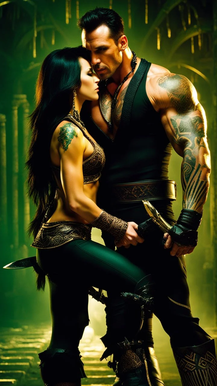 Jason david frank muscular male with short dark hair and tribal tattoos whispering in young blond woman's ear. light fantasy