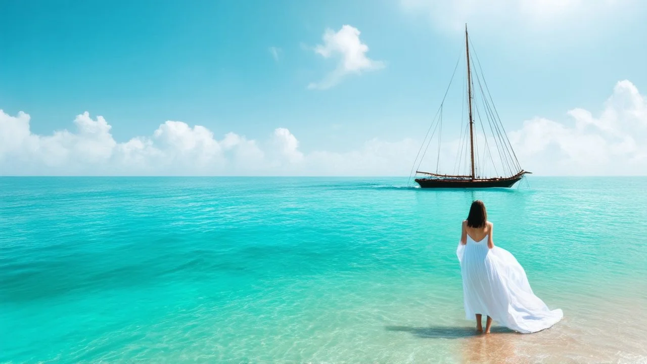 On a distant shore where time seemed to have stopped, a lone figure in a flowing white dress awoke from a peaceful sleep, waves rustling beneath her bare feet. Sunlight danced on the surface of the turquoise sea as a solitary sailboat glided across the horizon, carrying secrets from faraway lands.