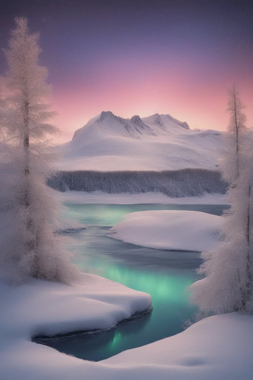 Winter night landscape with an aurora