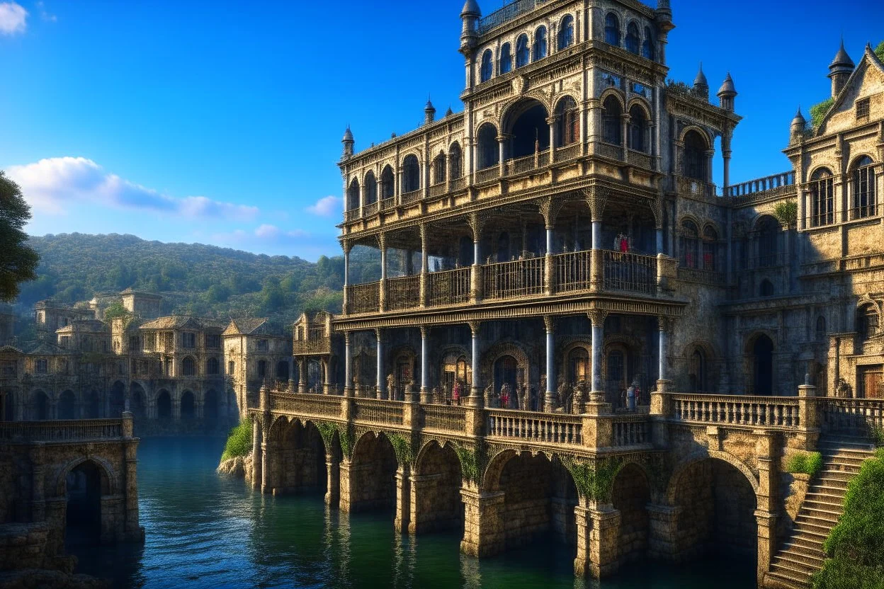 medieval buildings with balconies overhanging lake edge with blue sky and people, photorealism detailed matte painting, deep colour, fantastical, intricate detail, splash screen, concept art