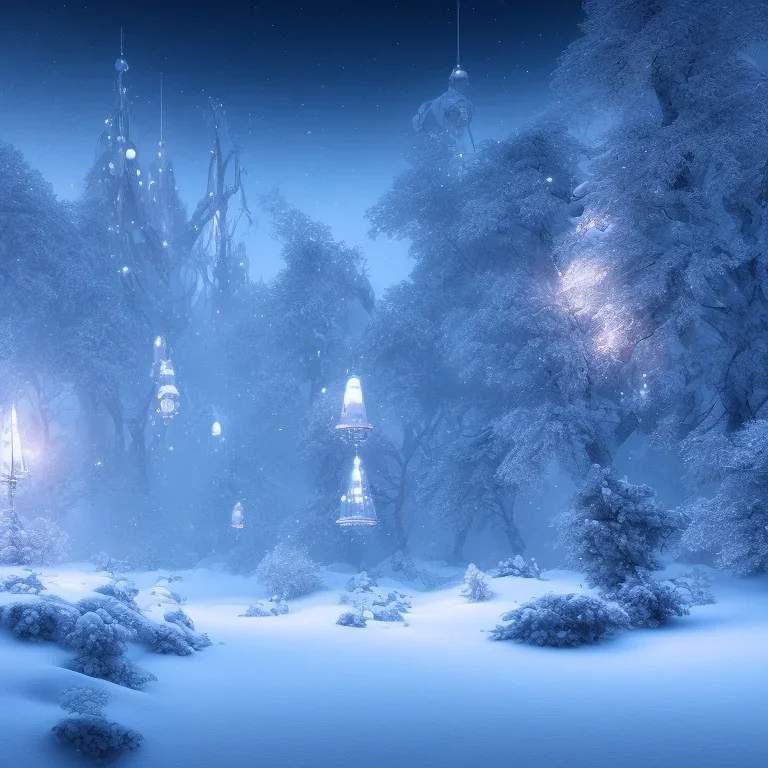 winter landscape, bells, ice, dreamy, science fiction