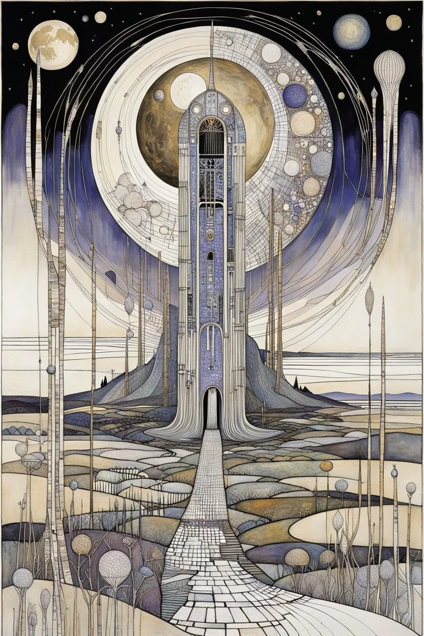 An surreal stunning image by Margaret Macdonald Mackintosh , El Kazovszkij, Abigail Penner, Quentin Blake creature from another world, landscape, ancient ruins, moons, lines, and objects, dreamlike, fantasy