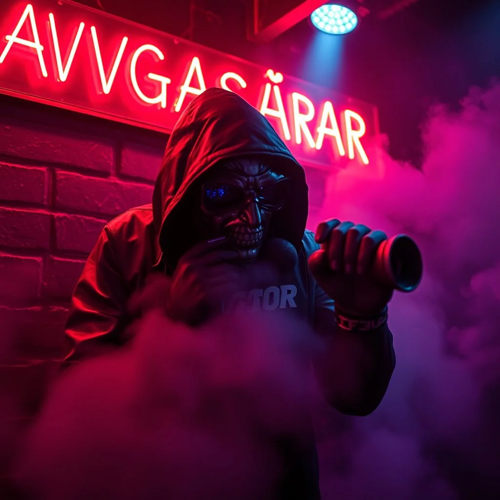 A exhaust pipe performing at dance club, his name is "exhaust pipe" and looks crazy, looks very aggressive look, Neon lights and smog, "AVGASRÖR" SIGN ON WALL