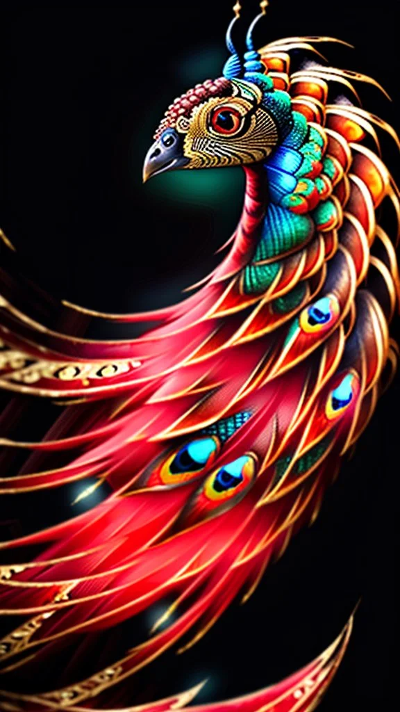 huge red gold black peacock, with clockwork gear on its back, symmetric, mandala, hyper realistic, futuristic, unreal engine5, octane render, 3D rendering, white background, digital art, in the style of Android Jones, mechanism, engine parts, vivid colours, side light, 16k