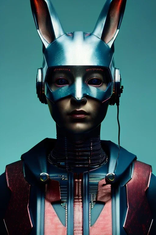 Medium Close Up Portrait, Front image. cyberpunk, rabbit mask, teenager, asian woman, cyber helmet head. Titanium dress. Red, blue, color. Steampunk style. renaissance ornaments, Color background, photo studio. Front image, highly detailed, concept art, smooth, unreal engine 5, ray tracing, RTX, lumen lighting, ultra detail, volumetric lighting, 3d, finely drawn, high definition, high resolution.