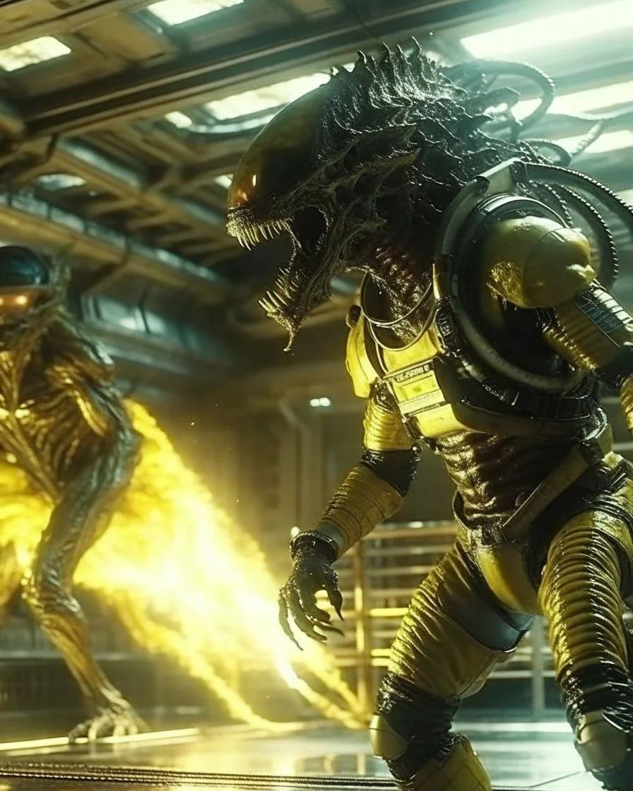 Astronaut VS Alien insect monster.Long shot front side shot of burning spaceship engine room, dramatic sprinting pose of an Russian astronaut being chased by Alien elements of ferocious insects, fangs, Intricate, Cinematic, Stunning, Highly Detailed, 8k, Atmospheric, Highly Detailed, Fantasy Realism,