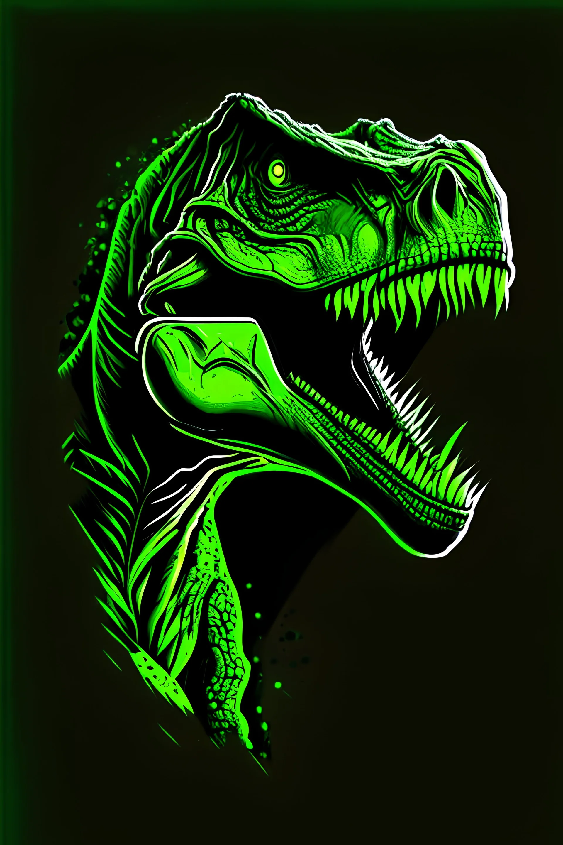 illustration unique t-rex on black background, organic,toon shading, 5 colors, solid vibrant green colors, flat 2 d design, front face