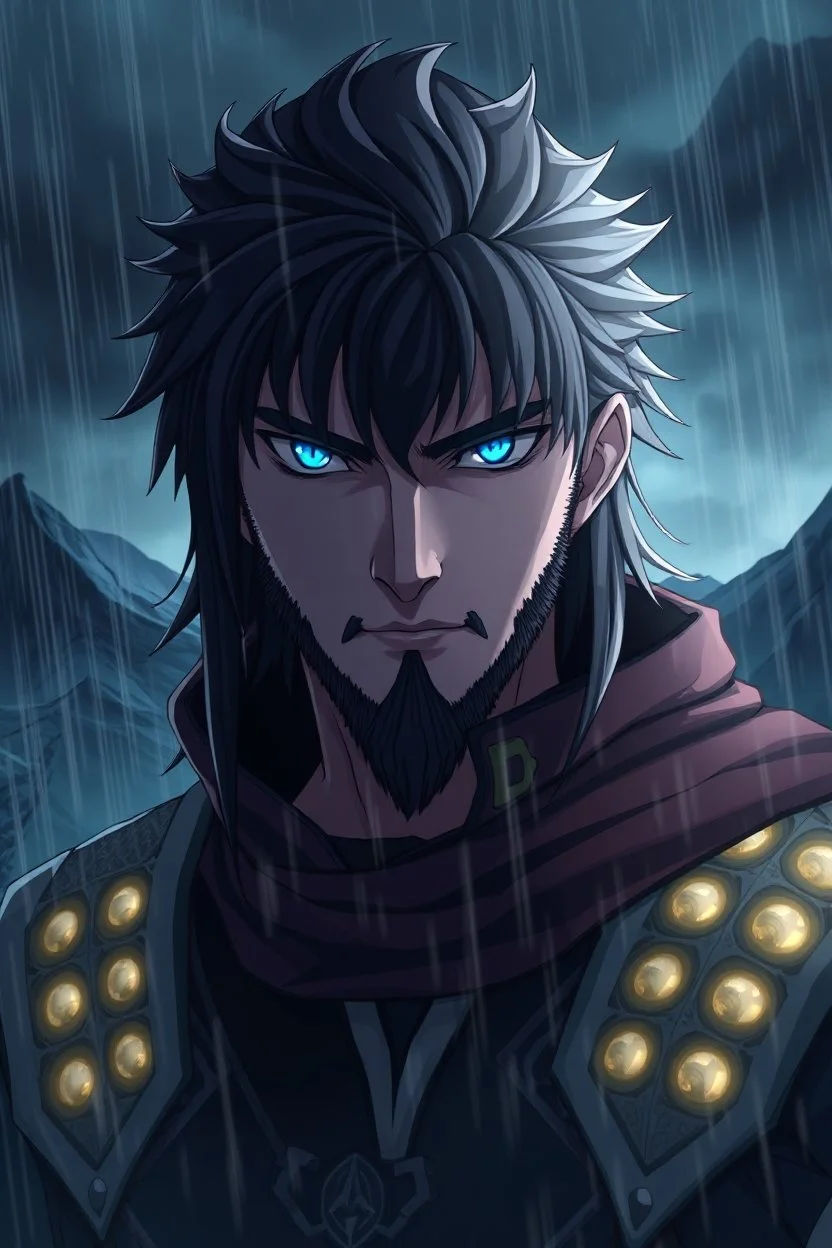 warrior man portrait ,3d anime, professional anime art, pale lights, rain, storm, sharp focus, mountain, crepy, dark fantasy landscape, random background