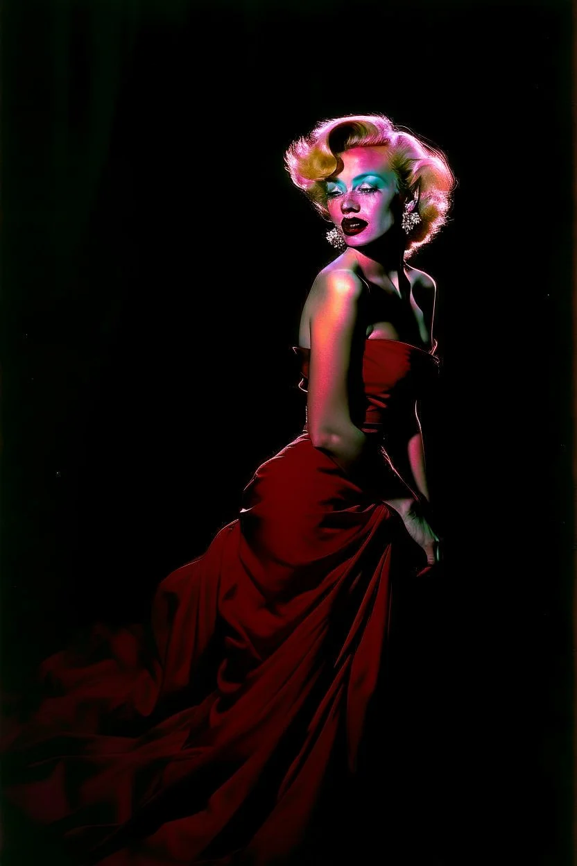 Marilyn Monroe, full vibrant colors, red evening gown