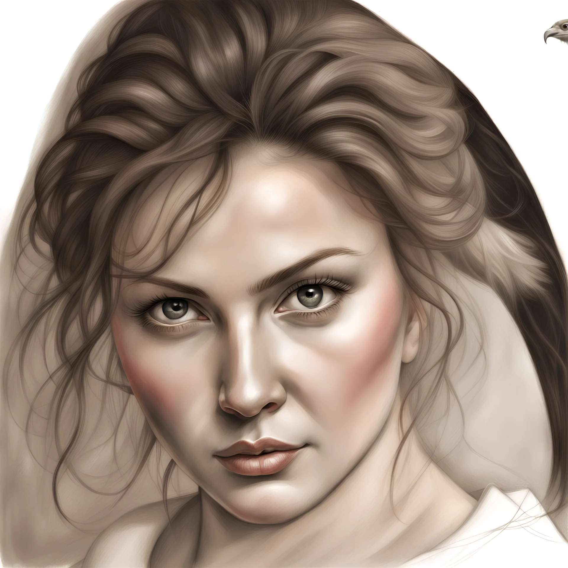 dibujo en grafito realista de rostro mujer 35 años piel blanca nariz prominente aguileña narigona gordita curvy chubby thick bbw pelo rojo suelto ojos abiertos frente primer plano contrapicado rasgos definidos boca cerrada