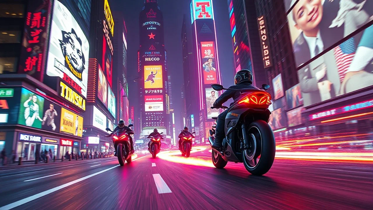 A futuristic race through a neon-lit city, where flying motorcycles leave trails of light as they zoom between towering holographic advertisements. Photographic quality and detail, award-winning image, beautiful composition.