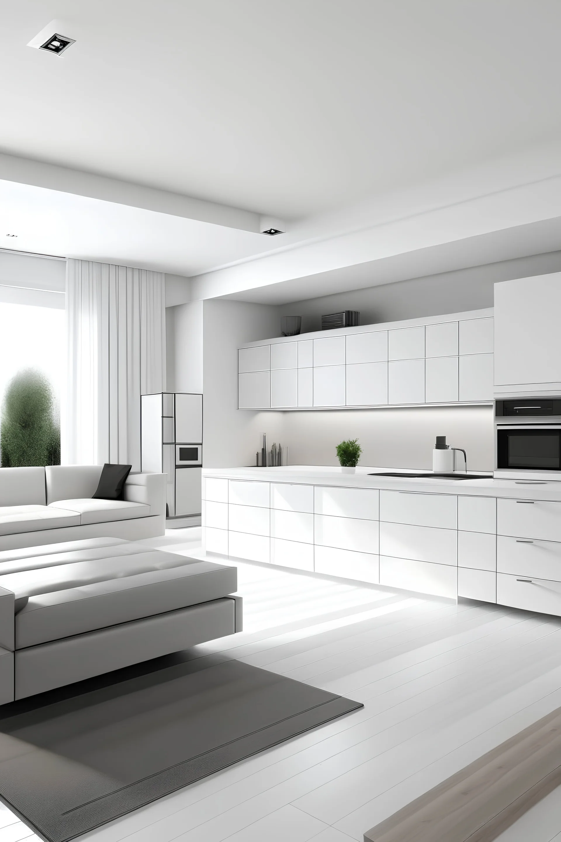 cozinha grande moderna minimalista com moveis brancos e sofá