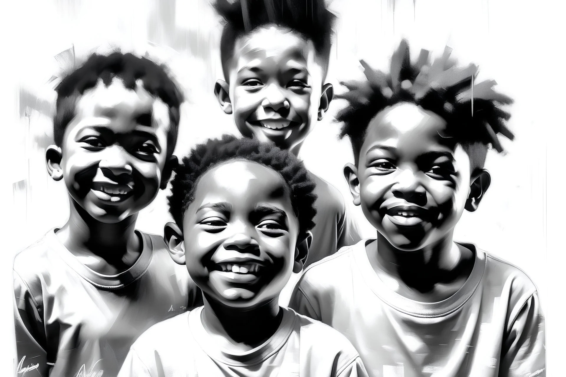 5little AFRICAN boys happy,black and white charcoal drawing bold sketch strokesSpeedpaint_with_large_brush_strokes_ by Deymonaz,Jeremy Mann, Jeremy Mann, Pino Daeni, and Liz Gael, oil splash, Paint Strokes,i abstract figurative